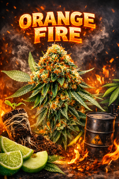 "Orange Fire Cannabis Stecklinge - Golden Apple Haze x Bubble Gum mit orangenen Blütenfäden und intensivem Frucht-Diesel-Aroma"